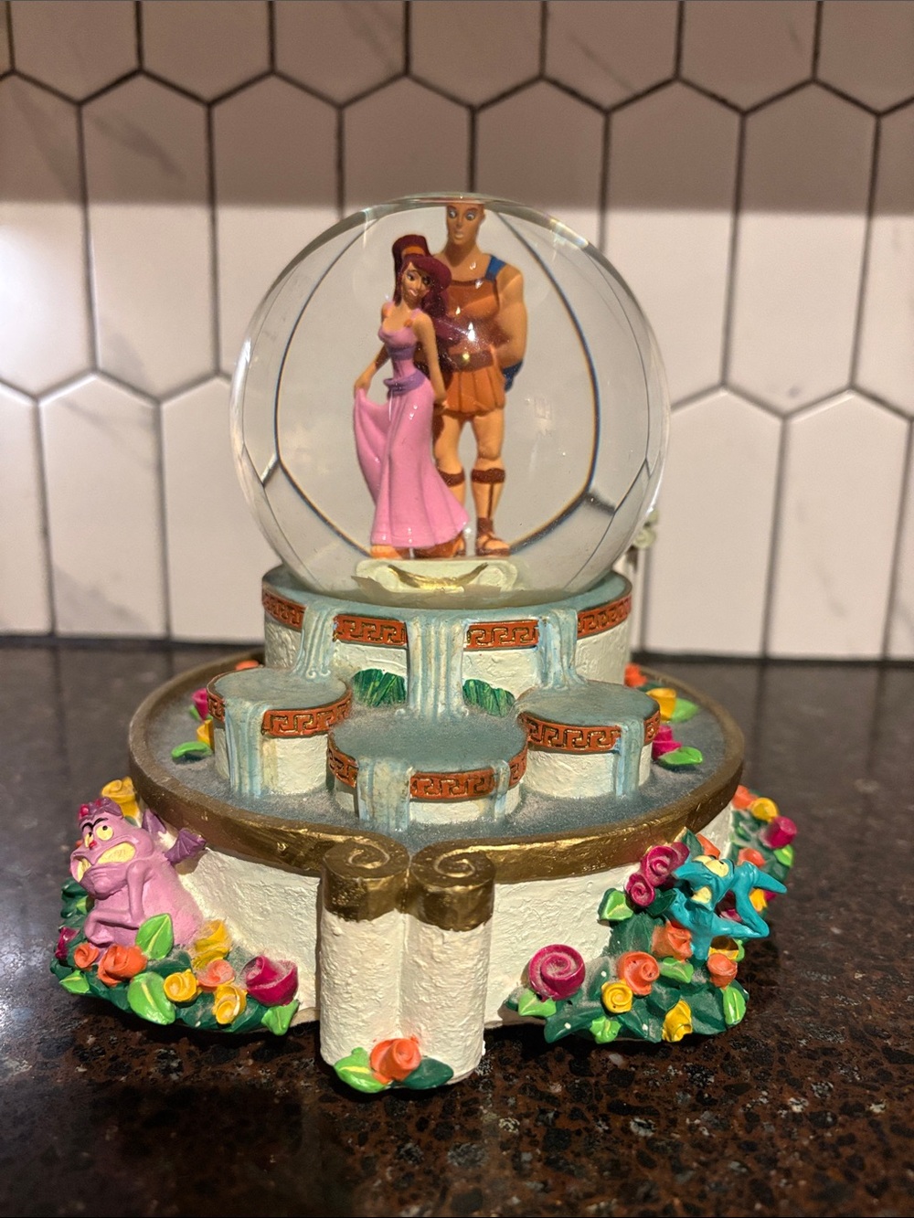 Disney Hercules Megara & Hercules Snow Globe Cake Topper - Pink & Gold Accents